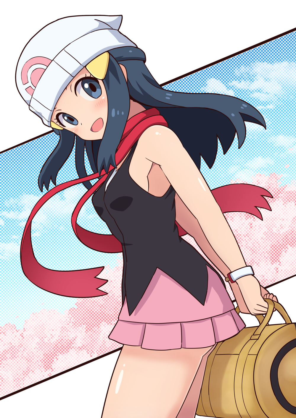 1girl, :d, ass_peek, bag, beanie, black_hair, black_shirt, blush, commentary_request, dawn_(pokemon), duffel_bag, eyelashes, from_side, grey_eyes, hair_ornament, hairclip, happy, hat, highres, long_hair, looking_at_viewer, nintendo, ootori_(kyoya-ohtori), open_mouth, pink_skirt, pokemon, pokemon_diamond/pearl/platinum, red_scarf, scarf, shiny_skin, shirt, sidelocks, skirt, sleeveless, sleeveless_shirt, smile, solo, white_hat, yellow_bag