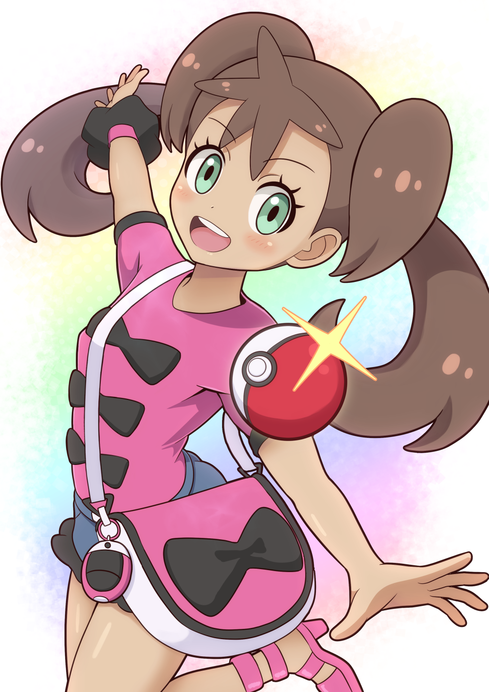 1girl, :d, bag, brown_hair, commentary_request, eyelashes, glint, green_eyes