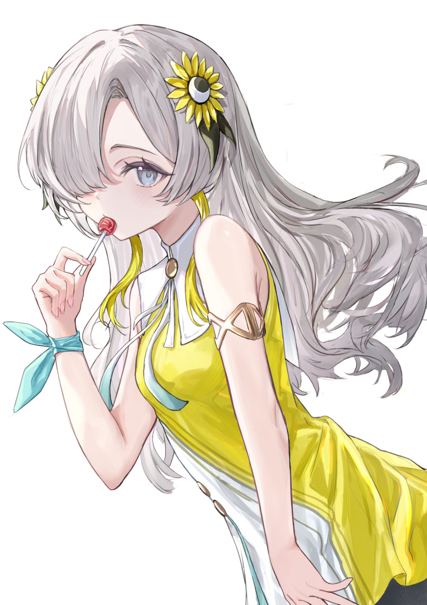 1girl, bare_shoulders, blue_eyes, breasts, candy, commentary, dress, flower