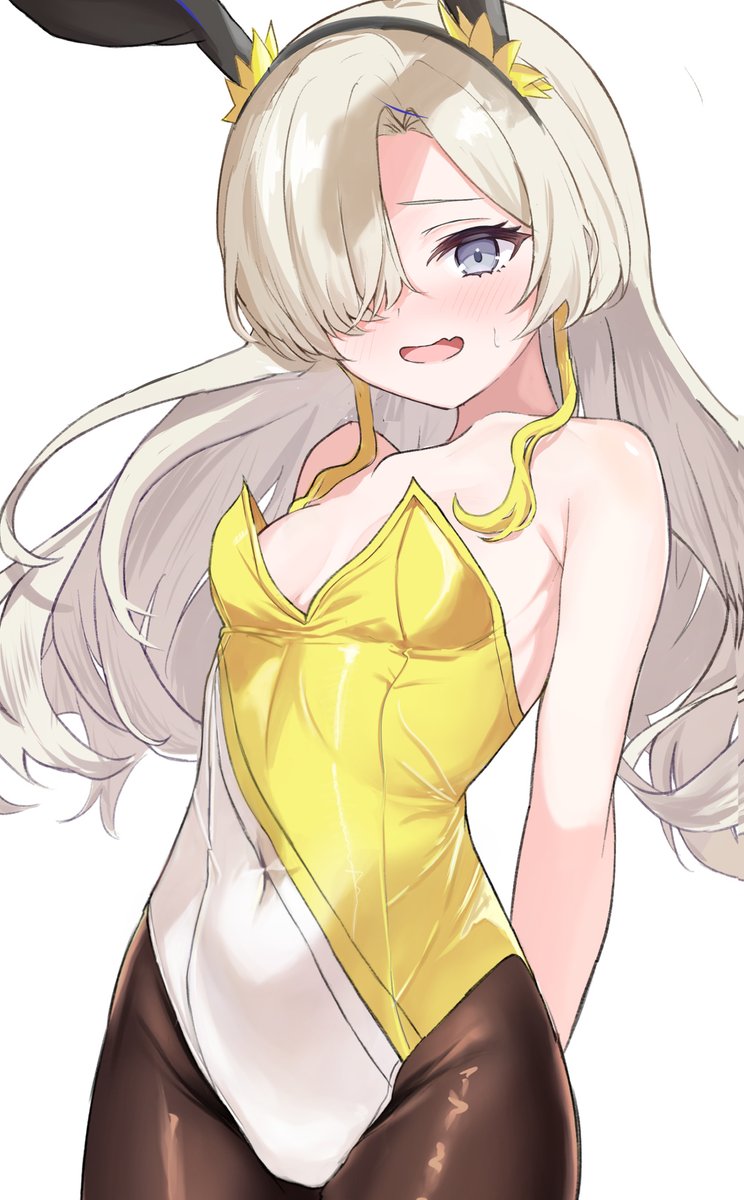 1girl, animal_ears, black_pantyhose, blonde_hair, blue_eyes, breasts, commentary, embarrassed