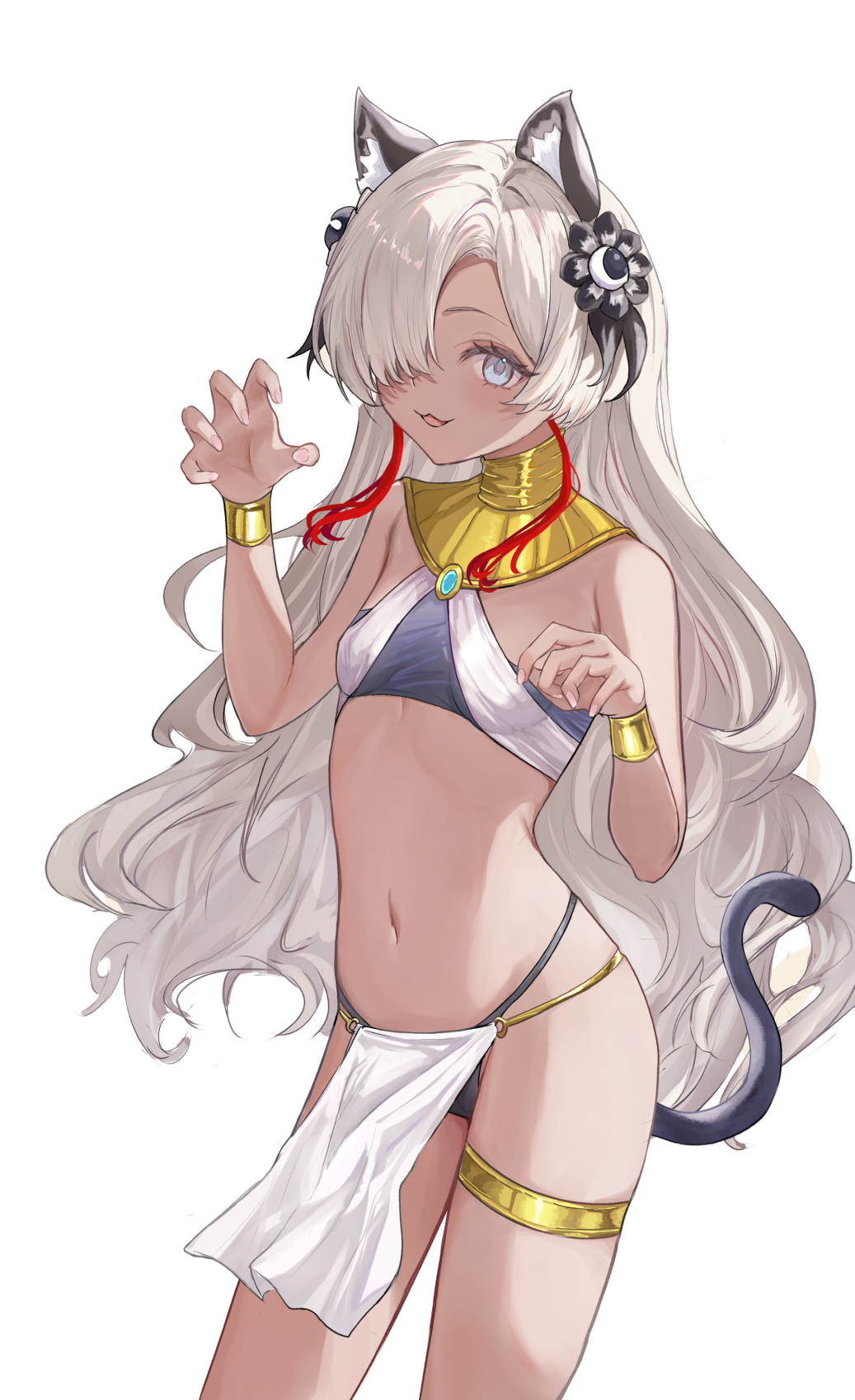 1girl, ancient_egyptian_clothes, animal_ears, blue_eyes, breasts, brown_egyptian_cat-eared_loli_(trend), cat_ears, cat_girl, cat_tail, claw_pose, crop_top, grey_hair, hair_over_one_eye, highres, huyuhnyuken, isekaijoucho, kamitsubaki_studio, long_hair, looking_at_viewer, multicolored_hair, navel, pelvic_curtain, red_hair, small_breasts, smile, solo, tail, tan, two-tone_hair, virtual_youtuber