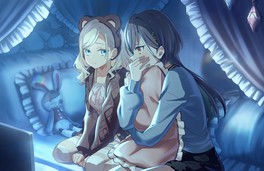 2girls, animal_ear_hairband, animal_ears, bear_ear_hairband, bear_ears, bed, black_shorts, blue_eyes, blue_sweater, breasts, brown_camisole, brown_cardigan, brown_shorts, brown_thighhighs, camisole, canopy_bed, cardigan, ceras_yanagida_lilienfeld, ceras_yanagida_lilienfeld_(winter_loungewear), closed_mouth, covering_own_mouth, fake_animal_ears, frilled_pillow, frills, fur-trimmed_shorts, fur_trim, game_cg, grey_hair, hair_ornament, hairband, hand_over_own_mouth, highres, hugging_object, indoors, jellyfish_cut, katsuragi_izumi, katsuragi_izumi_(winter_loungewear), link!_like!_love_live!, long_hair, looking_at_another, love_live!, medium_breasts, multiple_girls, non-web_source, official_alternate_costume, official_art, on_bed, open_cardigan, open_clothes, orange_eyes, pillow, profile, scared, self-datamine, shorts, slit_pupils, striped_clothes, striped_thighhighs, stuffed_animal, stuffed_rabbit, stuffed_toy, sweater, thighhighs, triangle_hair_ornament, virtual_youtuber