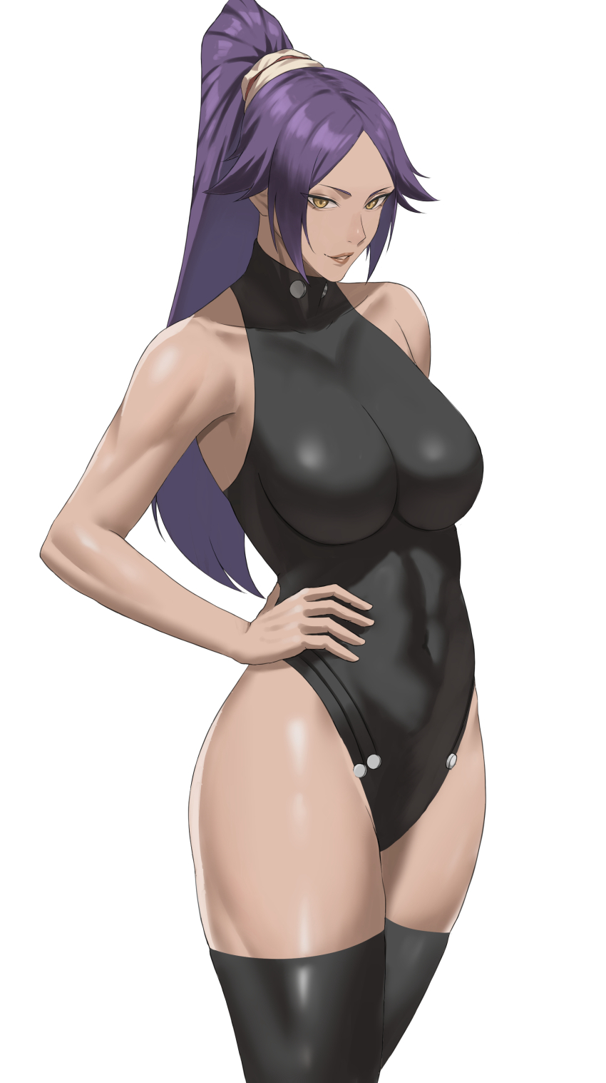 1girl, absurdres, bare_shoulders, black_leotard, black_thighhighs, bleach, bleach:_sennen_kessen-hen, breasts, collarbone, dark-skinned_female, dark_skin, female_focus, hair_ornament, hand_on_own_hip, highres, large_breasts, leotard, long_hair, parted_bangs, parted_lips, ponponpon0022, ponytail, purple_hair, shihouin_yoruichi, shiny_skin, simple_background, solo, solo_focus, standing, thighhighs, thighs, white_background, yellow_eyes
