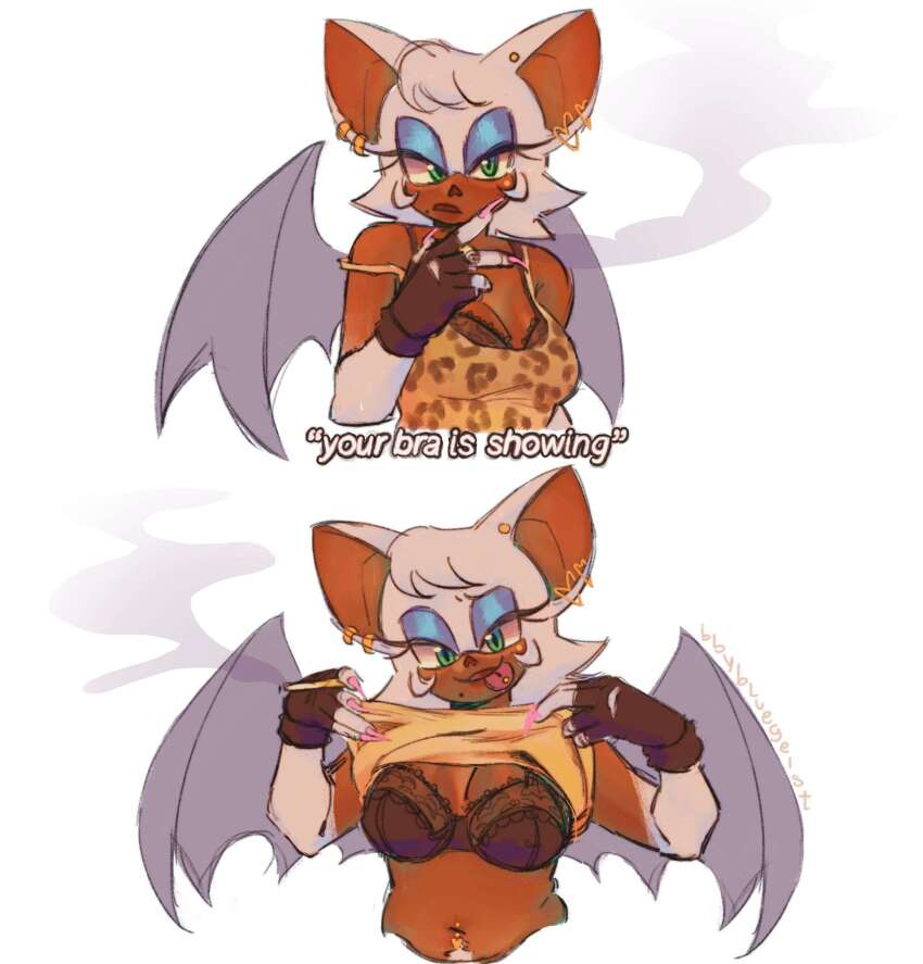 1girl, :p, animal_ears, animal_nose, bat_ears, bat_girl, bat_wings, bbybluegeist, blue_eyeshadow, bra, dark-skinned_female, dark_skin, ear_piercing, eyeshadow, female_pubic_hair, fingerless_gloves, fingernails, furry, furry_female, gloves, highres, lace, lace-trimmed_bra, lace_trim, lifting_own_clothes, long_fingernails, makeup, navel_piercing, piercing, pink_nails, pubic_hair, rouge_the_bat, sonic_(series), tongue, tongue_out, tongue_piercing, underwear, white_fur, wings