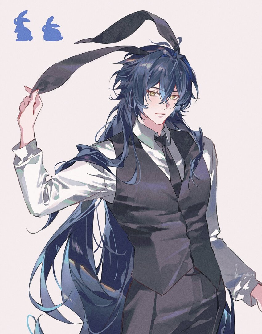1boy, alternate_costume, animal_ears, artist_name, black_necktie, blue_hair, closed_mouth, collared_shirt