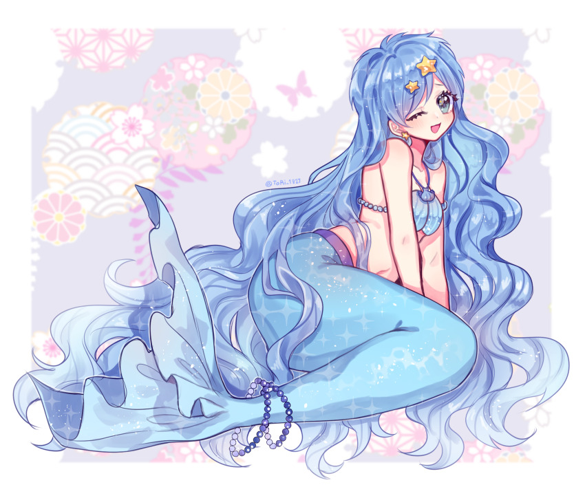 1girl, bare_shoulders, bikini, blue_bikini, blue_eyes, blue_hair, blush, breasts