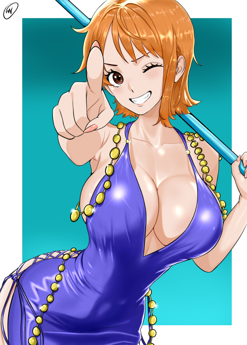 1girl, 2025, absurdres, bare_shoulders, blue_background, blue_dress, border, breasts