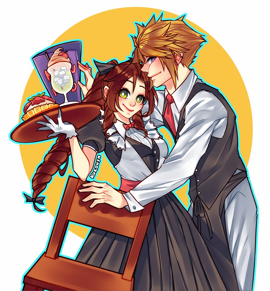 aerith_gainsborough, alternate_costume, apron, artist_name, black_apron, black_dress, black_ribbon, black_vest