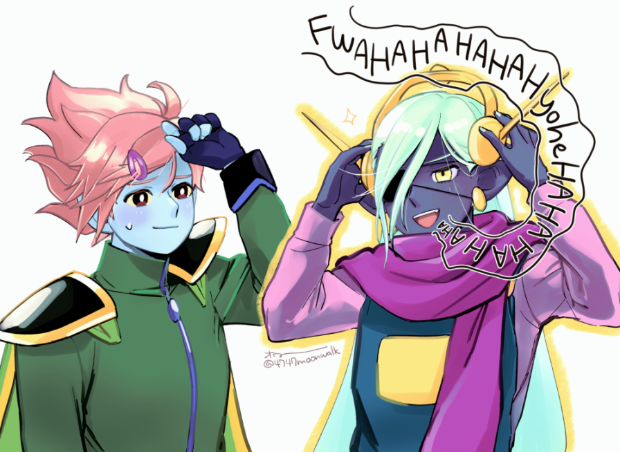 2boys, 4747moonwalk, :d, adjusting_headphones, arm_at_side, arm_up, armor, blue_overalls