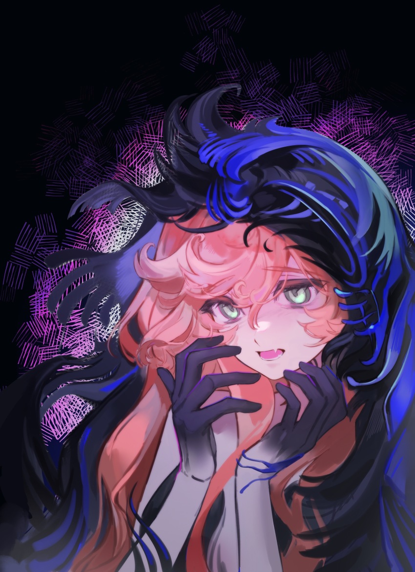 1girl, absurdres, bare_shoulders, black_background, black_hands, black_veil, blue_eyes, blue_veil