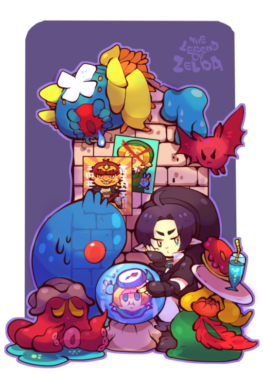 1boy, black_hair, blonde_hair, blue_eyes, boss, crystal_ball, dark_link, donut, drink, drinking_straw, fairy, food, ganondorf, gloves, keese, kenopi, leever, link, monster, morpha, navi, nintendo, octorok, pointy_ears, tektite, the_legend_of_zelda, the_legend_of_zelda:_ocarina_of_time