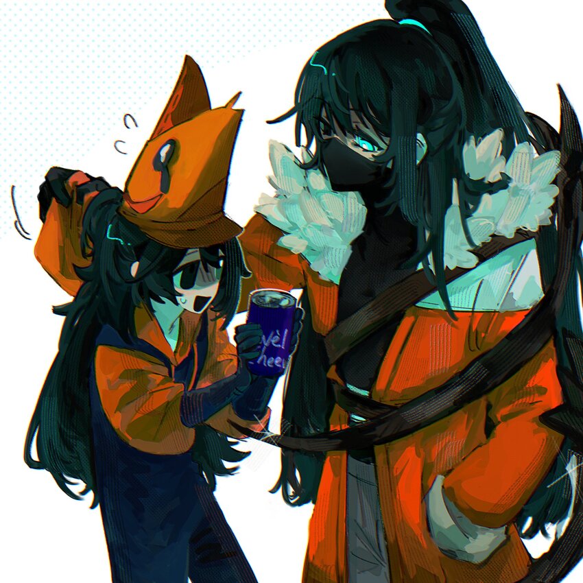 2boys, black_eyes, black_gloves, black_hair, blue_eyes, blue_overalls, can, drink_can