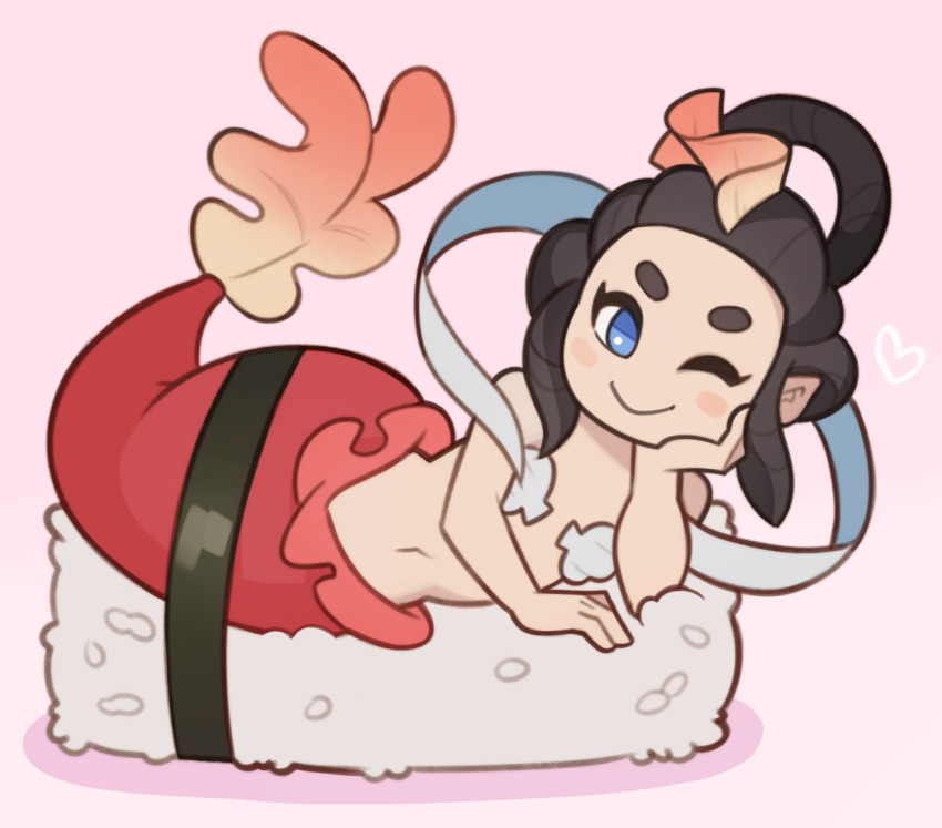black_hair, blue_eyes, boa, fins, fish_tail, food, hagoromo, heart, hikimayu, lying, mermaid, monster_girl, navel, ningyo_(youkai_watch), on_side, one_eye_closed, pointy_ears, seashell, seashell_bikini, seaweed, shawl, shell, sushi, tail, wink, yokai, youkai_watch