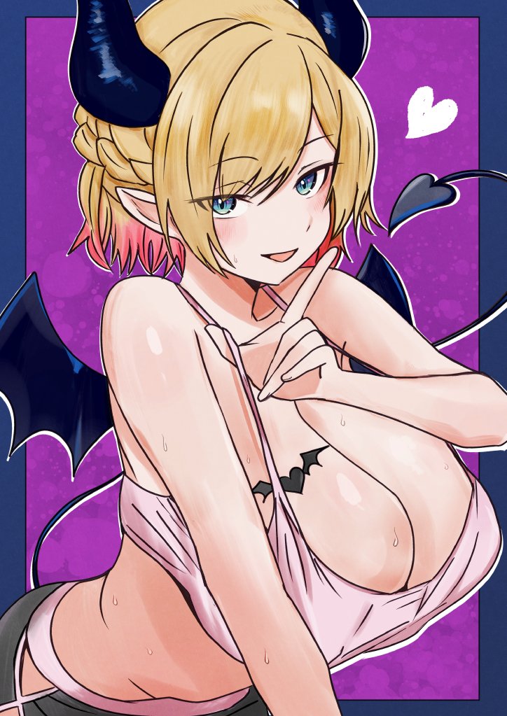 029skysky, 1girl, black_shorts, black_tail, black_wings, blonde_hair, blue_eyes, blush