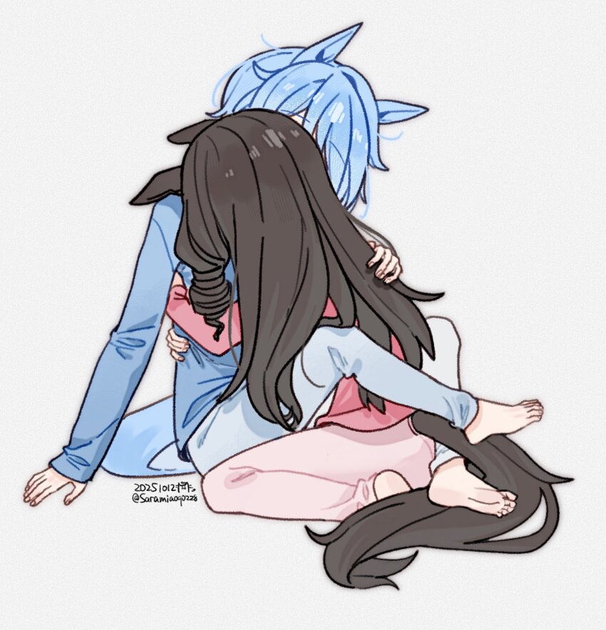 2girls, animal_ears, arms_around_another's_waist, asymmetrical_bangs, barefoot, black_hair, blue_hair, blue_pants