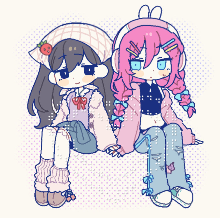 2girls, animal_ear_headphones, animal_ears, ankle_boots, ankle_socks, aqua_shoes, arm_support, arms_at_sides