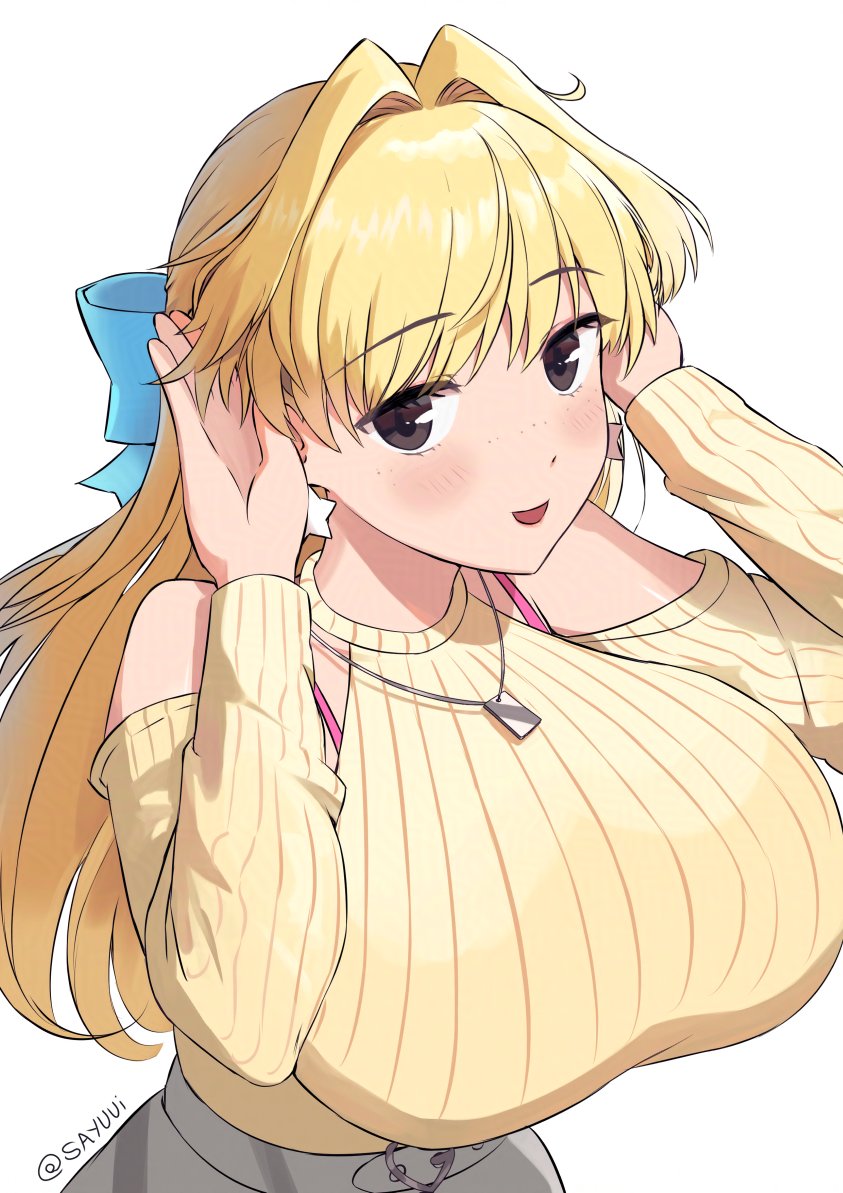 1girl, :d, bare_shoulders, black_eyes, blonde_hair, blue_bow, blush, bow