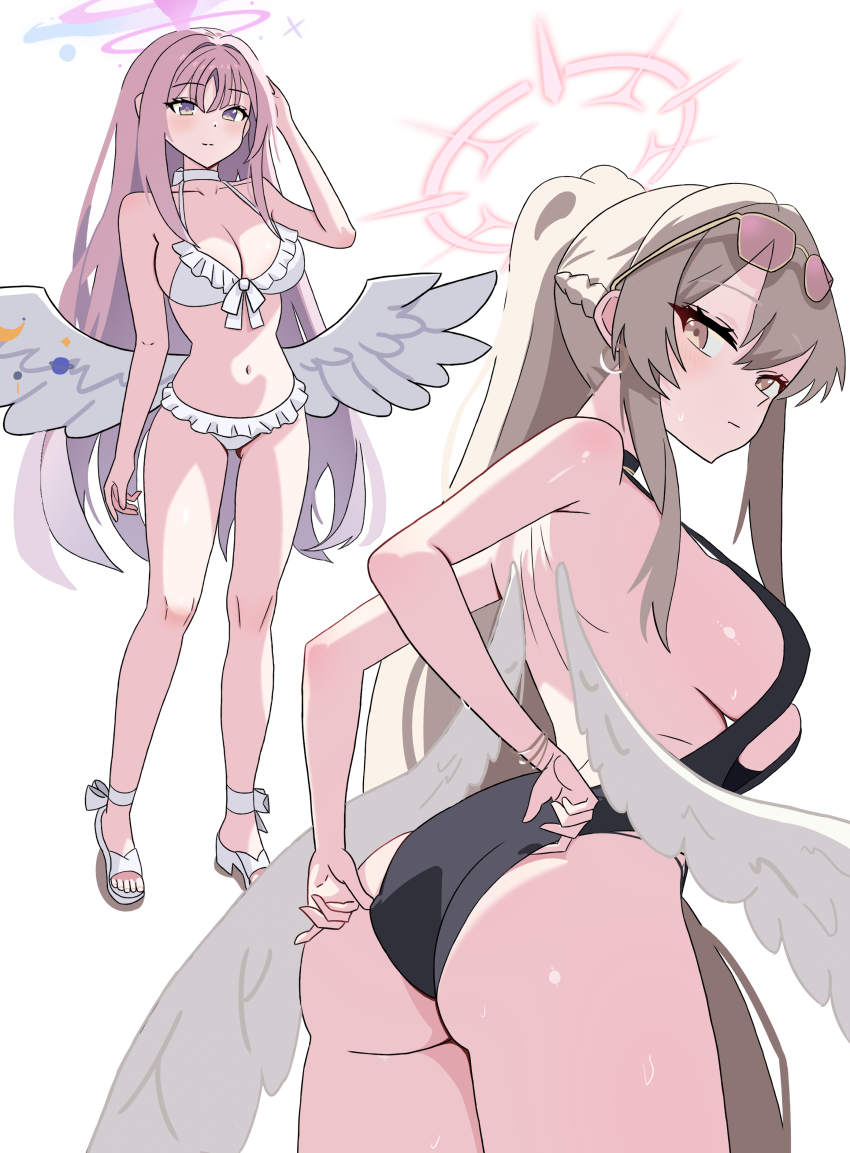 2girls, absurdres, ass, bikini, black_one-piece_swimsuit, blue_archive, feathered_wings, halo, highres, low_wings, midang, mika_(blue_archive), mika_(swimsuit)_(blue_archive), multiple_girls, nagisa_(blue_archive), nagisa_(swimsuit)_(blue_archive), official_alternate_costume, official_alternate_hairstyle, one-piece_swimsuit, pink_halo, simple_background, swimsuit, white_background, white_bikini, white_wings, wings