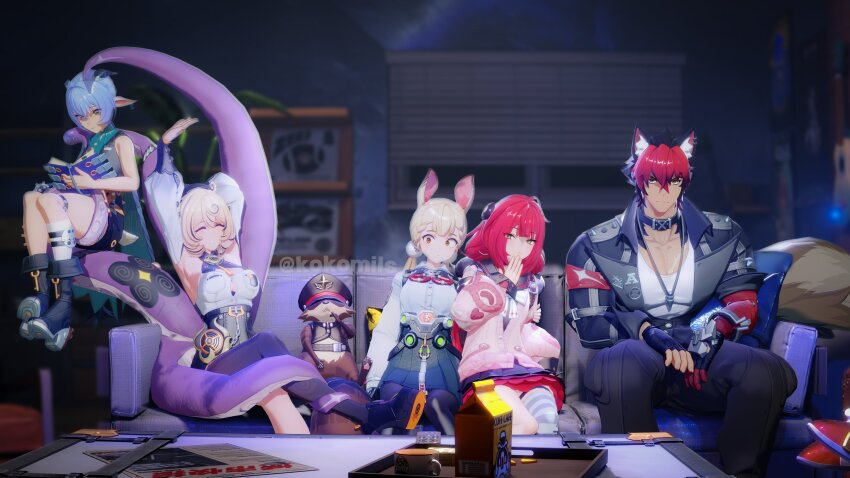 1boy, 3d, 4girls, absurdres, alice_thymefield, animal_ears, arms_up, artist_name, asymmetrical_shorts, bare_shoulders, black_choker, black_hat, black_jacket, black_unitard, blonde_hair, blue_hair, book, braid, braided_twintails, breasts, cardigan, choker, couch, cushion, detached_sleeves, dog_boy, dog_ears, goat, goat_horns, grabbed_by_tentacles, green_eyes, hair_ornament, hand_on_own_face, hat, heterochromia, high-waist_shorts, highres, holding, holding_book, horns, indoors, jacket, kokomils, komano_manato, large_breasts, long_hair, looking_at_viewer, loose_thighhigh, low_twin_braids, low_twintails, lucia_elowen, mihoyo, monster_girl, multicolored_hair, multiple_girls, muscular, muscular_male, octopus, on_couch, pectorals, pink_cardigan, pointy_ears, rabbit_ears, rabbit_girl, raccoon, reading, red_bandage, red_eyes, red_hair, scar, scar_on_chest, scared, shirt, short_hair, shorts, sitting, smile, sphere_hair_ornament, spiked_jacket, stretching, table, tail, tanuki, tentacle_girl, tentacle_tail, tentacles, thigh_strap, thighhighs, twin_braids, twintails, ukinami_yuzuha, very_long_hair, watching_television, white_shirt, window, yellow_eyes, yidhari_murphy, zenless_zone_zero