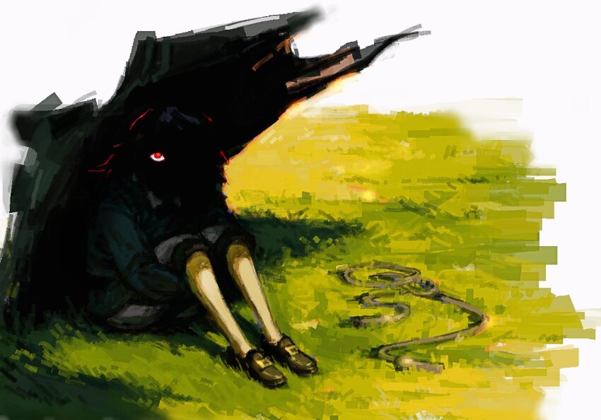 1boy, abaddon_(haunted_hotel), abaddon_(human)_(haunted_hotel), blue_coat, coat, eyes_in_shadow, grass, hands_under_legs, haunted_hotel, knees_up, long_hair, male_focus, outdoors, red_eyes, rope, shadow, sitting, solo, tree, under_tree, vaq04345