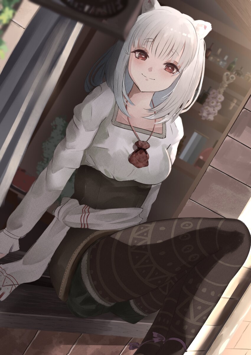 1girl, absurdres, animal_ears, araca_ra, arm_across_waist, arm_support, black_skirt, blurry