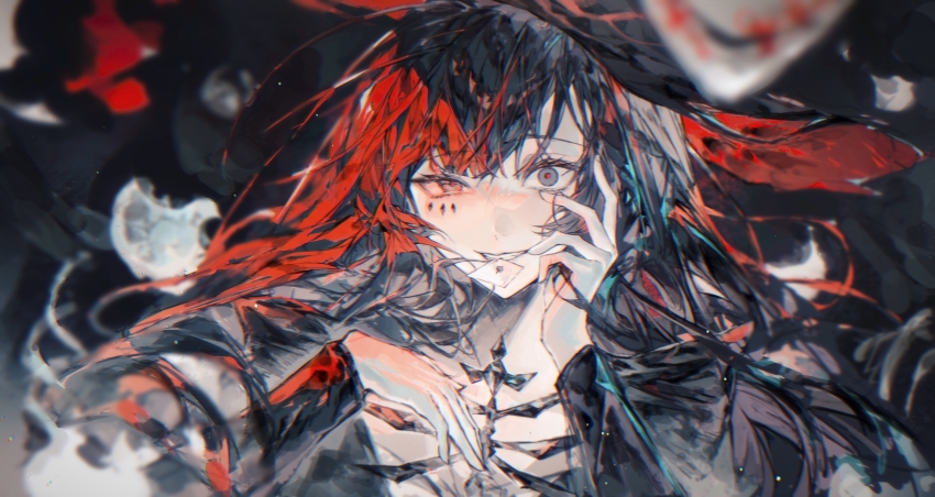 1girl, absurdres, asymmetrical_bangs, black_hair, blurry, blurry_background, blurry_foreground, card_in_mouth