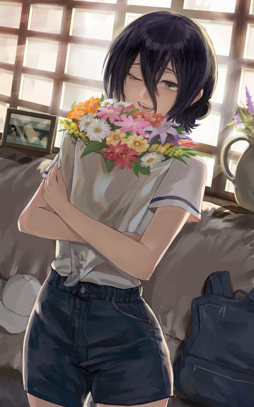 1girl, absurdres, backpack, bag, blue_bag, blue_shorts, bouquet, chainsaw_man