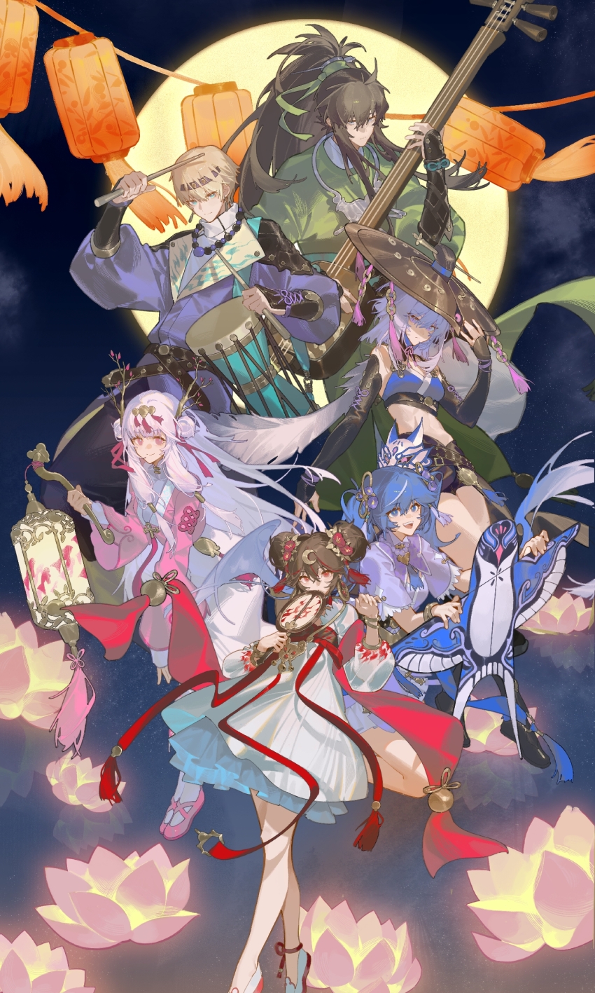 2boys, 4girls, :d, absurdres, adjusting_clothes, adjusting_headwear, anklet, bare_legs, bare_shoulders, bead_necklace, beads, black_gloves, black_hair, black_shorts, blonde_hair, blue_coat, blue_eyes, blue_hair, bracelet, chinese_clothes, chinese_commentary, chinese_knot, cloud, coat, coin, coin_hat_ornament, coin_on_string, commentary, covering_own_mouth, crescent, crescent_hair_ornament, crop_top, crossed_bangs, crossed_legs, double_bun, dress, drum, drumsticks, earrings, elbow_gloves, erhu, feather_cape, flame_print, floating_clothes, flower, full_moon, galbrena_(wuthering_waves), gauntlets, gloves, glowing_flower, gold_bracelet, gold_earrings, gold_necklace, green_robe, hair_between_eyes, hair_branch, hair_bun, hair_flower, hair_ornament, hairpin, hand_fan, hat_ornament, headband, high_ponytail, highres, holding, holding_drumsticks, holding_erhu, holding_fan, holding_instrument, holding_kite, holding_lantern, instrument, iuno_(wuthering_waves), jewelry, kite, kneeling, kuro_games, lantern, large_hat, layered_sleeves, lee_(pgr), linea_alba, liv_(pgr), long_hair, lotus, low-tied_sidelocks, lucia_(pgr), mandarin_collar, mid-autumn_festival, midriff, moon, multicolored_hair, multiple_boys, multiple_girls, music, necklace, night, open_mouth, paper_lantern, petticoat, pink_dress, pink_flower, pink_shoes, plantar_flexion, playing_instrument, ponytail, print_coat, print_dress, punishing:_gray_raven, purple_dress, purple_eyes, qiuyuan_(wuthering_waves), red_eyes, red_flower, robe, see-through_clothes, see-through_sleeves, shoes, short_dress, short_hair, short_shorts, shorts, sidelocks, silver_necklace, sky, smile, socks, star_(sky), stomach, streaked_hair, tassel, tassel_hair_ornament, teeth, toned, toned_female, turtleneck, twintails, underbust, upper_teeth_only, very_long_hair, watson_cross, white_dress, white_hair, white_shoes, white_socks, wide_sleeves, wuthering_waves, xe367