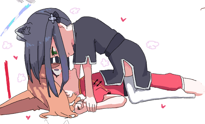 2girls, animal_ears, black_hair, blue_archive, blush, brown_hair, china_dress, chinese_clothes, dog_ears, dress, eye_contact, flirt_dragoon, fox_ears, girl_on_top, green_eyes, halo, heart, long_hair, looking_at_another, lying, multiple_girls, no_shoes, on_back, on_ground, open_mouth, rumi_(blue_archive), shun_(blue_archive), shun_(small)_(blue_archive), simple_background, socks, white_background, yuri