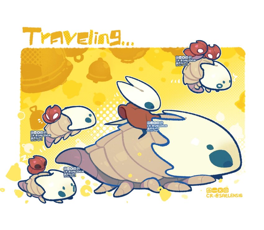 1girl, arthropod_girl, baby_animal, beastling_(hollow_knight), bell, bell_beast_(hollow_knight), cloak, closed_eyes