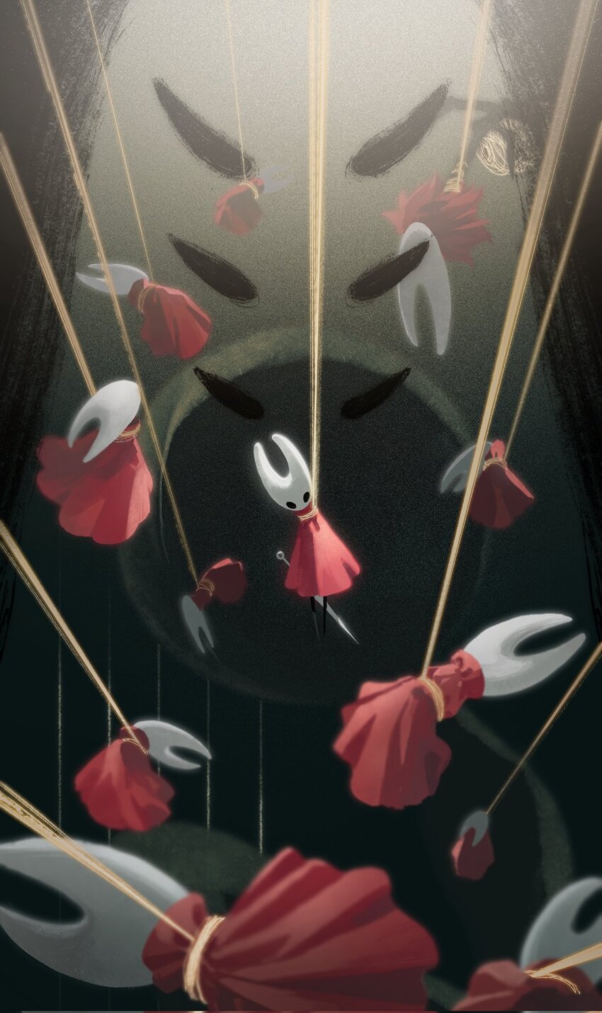 arthropod_girl, black_eyes, black_skin, bound, character_puppet, cloak, colored_skin, highres, holding, holding_weapon, hollow_eyes, hollow_knight, hollow_knight:_silksong, horned_mask, hornet_(hollow_knight), horns, mask, monhollow, needle_(hollow_knight), puppet, red_cloak, thread, tied_up_(nonsexual), weapon, white_mask, widow_(hollow_knight)