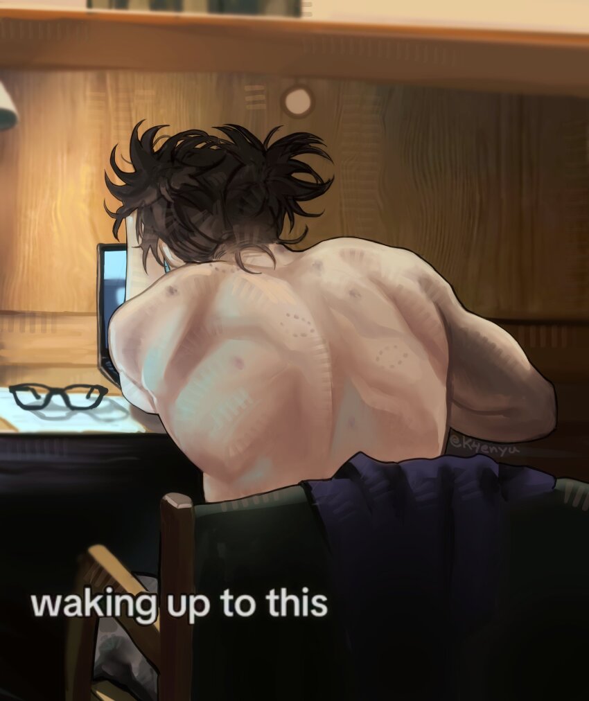 1boy, absurdres, arm_rest, biceps, bite_mark, bite_mark_on_neck, bite_mark_on_shoulder, black_hair