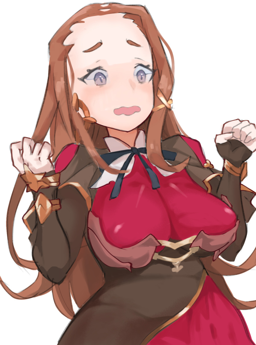 1girl, bad_id, bad_pixiv_id, breasts, brown_hair, clenched_hands, grey_eyes, grimms_notes