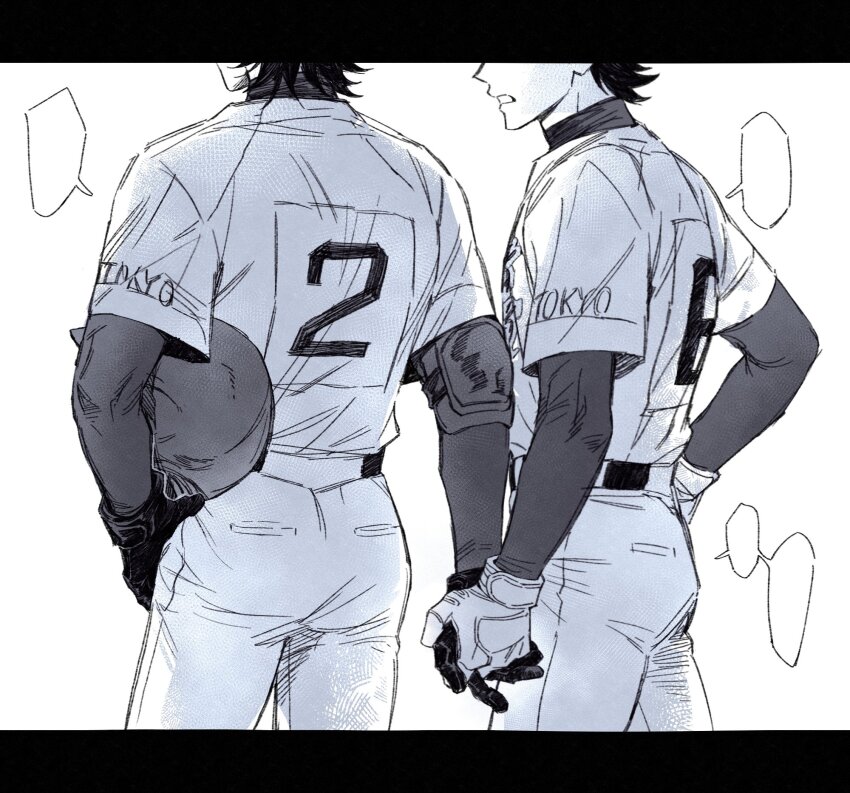 2boys, ace_of_diamond, ass, baseball_uniform, belt, blank_speech_bubble, commentary, elbow_pads