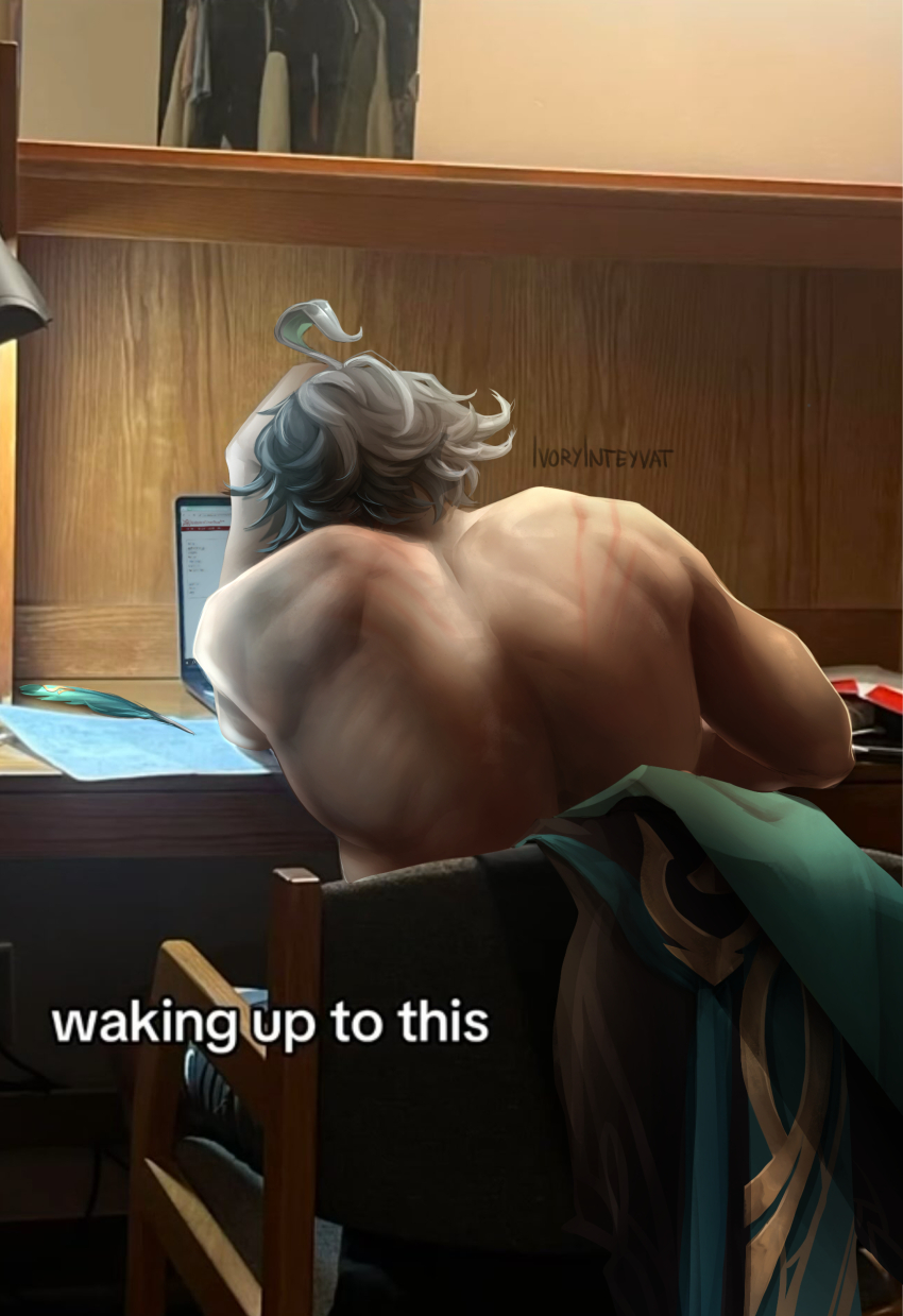 1boy, absurdres, ahoge, alhaitham_(genshin_impact), archive_of_our_own, artist_name, back, bleedingivory