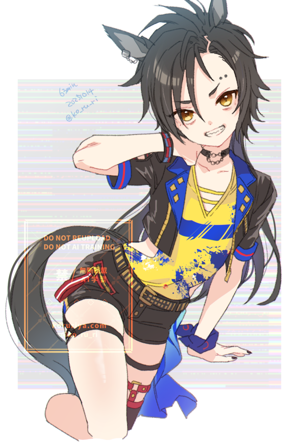1girl, air_shakur_(umamusume), air_shakur_(unsigned)_(umamusume), animal_ears, black_choker, black_hair, black_jacket, black_shorts