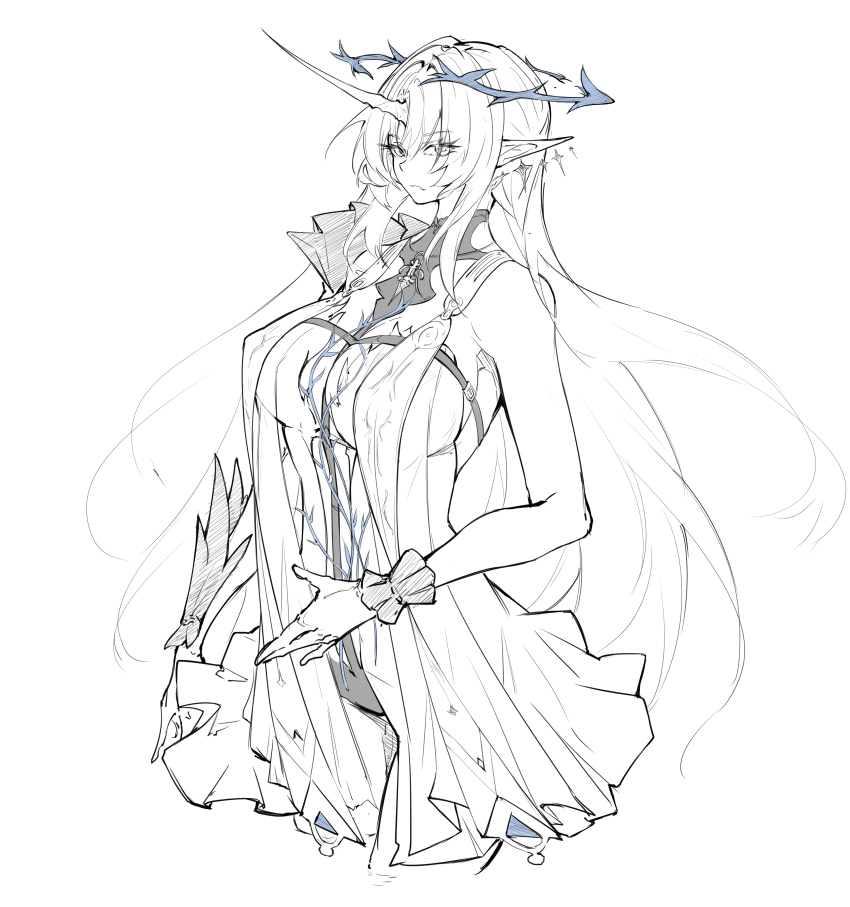 1girl, absurdres, bare_arms, breasts, cartethyia_(wuthering_waves), cdlo, dress, fleurdelys_(wuthering_waves), from_side, greyscale, halo, highres, horns, jewelry, large_breasts, long_hair, looking_at_viewer, looking_to_the_side, monochrome, necklace, parted_lips, pointy_ears, sideboob, sideways_glance, simple_background, sleeveless, sleeveless_dress, solo, spot_color, unicorn_horn, very_long_hair, wrist_cuffs, wuthering_waves