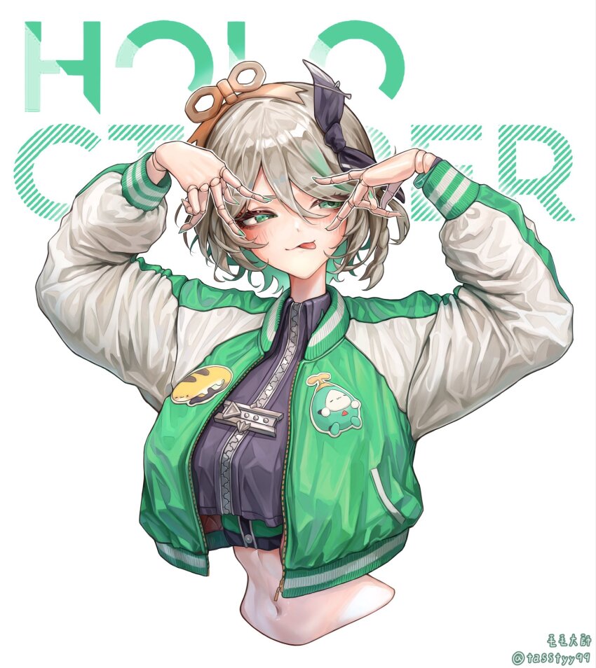 1girl, breasts, cecilia_immergreen, colored_inner_hair, doll_joints, gradient_hair, green_eyes, green_hair, green_jacket, grey_hair, highres, hololive, hololive_english, jacket, joints, large_breasts, letterman_jacket, maomao_dashi, multicolored_hair, multicolored_jacket, navel, otomo_(cecilia_immergreen), solo, tongue, tongue_out, two-tone_jacket, virtual_youtuber, white_jacket, winding_key, zipper