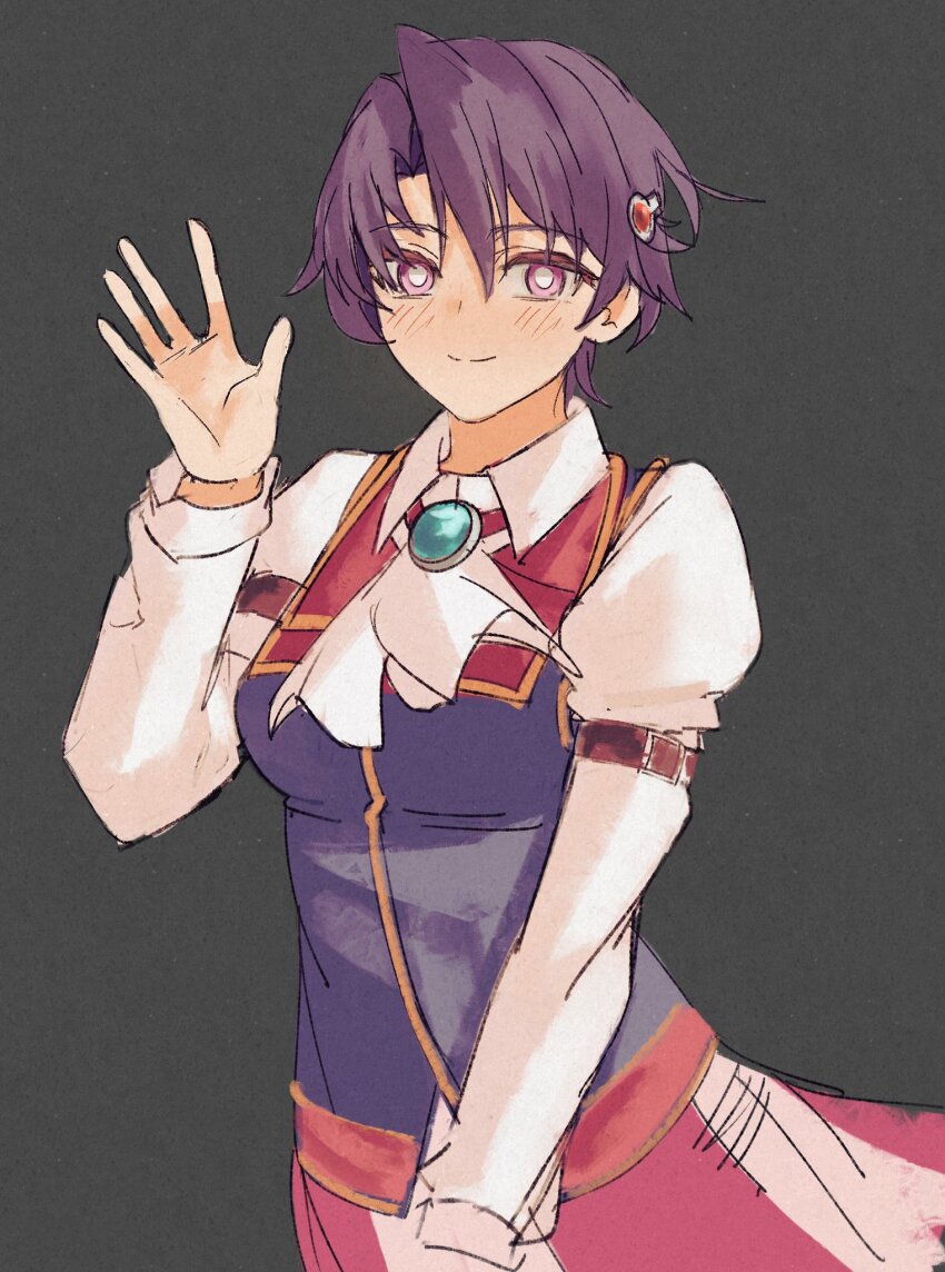 1girl, ascot, black_background, blush, breasts, brooch, closed_mouth, commentary, curtained_hair, eiyuu_densetsu, english_commentary, ezekquel, folded_collar, hair_between_eyes, hair_ornament, hairclip, highres, jewelry, kloe_rinz, long_sleeves, looking_at_viewer, medium_breasts, parted_bangs, puffy_long_sleeves, puffy_sleeves, school_uniform, second-party_source, short_hair, simple_background, smile, solo, sora_no_kiseki, upper_body, waving, white_ascot