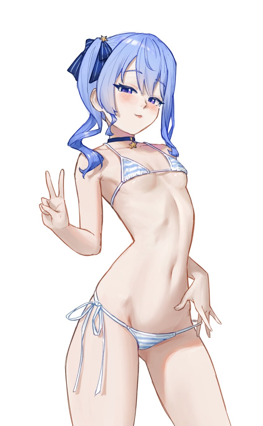 1girl, absurdres, bikini, blue_bikini, blue_hair, bobsta01, breasts, collar, collarbone, flat_chest, hair_ribbon, highres, hololive, hoshimachi_suisei, looking_at_viewer, micro_bikini, midriff, navel, petite, purple_eyes, ribbon, side-tie_bikini_bottom, side_ponytail, small_breasts, star_(symbol), string_bikini, striped_bikini, striped_clothes, swimsuit, underboob, v, virtual_youtuber, white_bikini