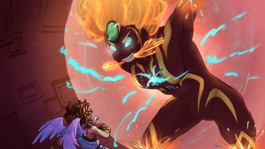 2boys, ahoge, angel, angel_wings, brown_hair, chest_jewel, clenched_teeth, colored_sclera, colored_skin, fiery_hair, forehead_jewel, green_sclera, highres, kid_icarus, kid_icarus_uprising, laurel_crown, looking_at_another, male_focus, meimeicop, multiple_boys, nintendo, pit_(kid_icarus), pyrrhon, red_skin, teeth, v-shaped_eyebrows, wings