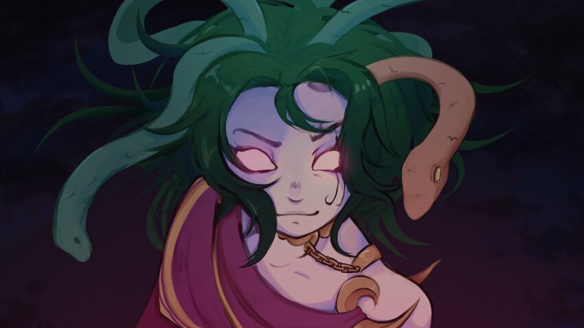1girl, blank_eyes, chain, facial_mark, glowing, glowing_eyes, gold_chain, green_hair, highres, kid_icarus, kid_icarus_uprising, looking_at_viewer, medusa_(kid_icarus), meimeicop, nintendo, snake_hair, solo, upper_body