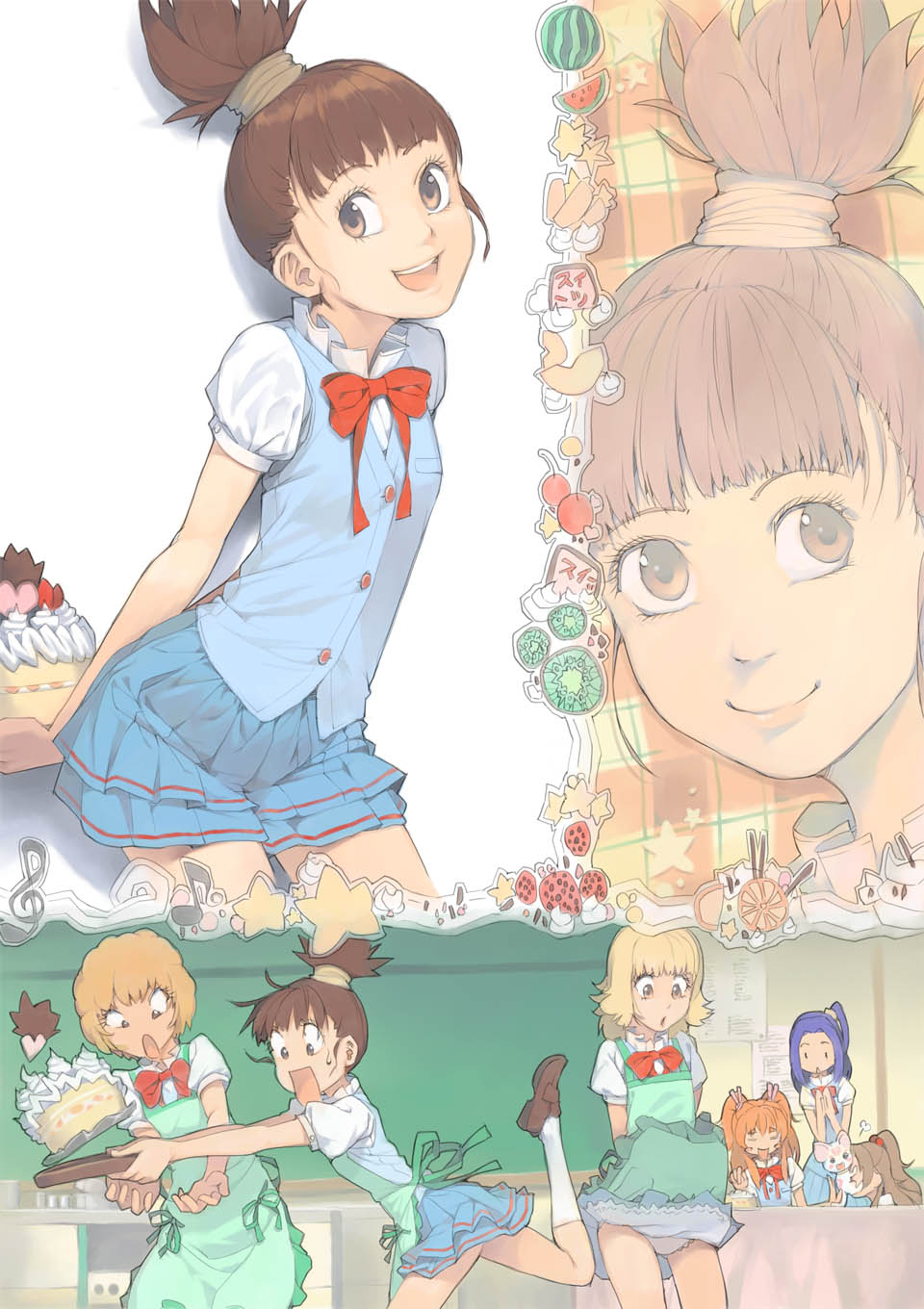 10s, 6+girls, akinbo_(hyouka_fuyou), apron, aria_gakuen_school_uniform, bad_id, bad_pixiv_id, blonde_hair, blue_hair, blush_stickers, bow, brown_eyes, cake, cherry, clothes_lift, eyelashes, closed_eyes, food, fruit, girl_with_curly_short_hair_(suite_precure), girl_with_topknot_(suite_precure), hair_bobbles, hair_ornament, higashiyama_seika, highres, houjou_hibiki, hummy_(precure), jpeg_artifacts, kiwi_(fruit), kurokawa_eren, loafers, minamino_kanade, multiple_girls, open_mouth, orange_hair, panties, peach, ponytail, precure, purple_hair, ribbon, school_uniform, seiren_(precure), shoes, short_hair, skirt, skirt_lift, strawberry, suite_precure, sweatdrop, sweets, topknot, underwear, watermelon, white_panties