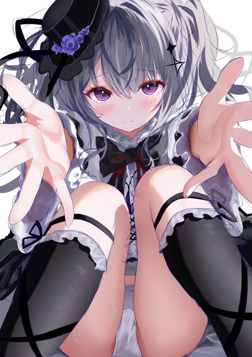1girl, acid_(maimai), black_socks, blush, bow, frilled_socks, frills, gothic_lolita, grey_hair, hair_between_eyes, hat, highres, kneehighs, lolita_fashion, long_hair, looking_at_viewer, maimai_(game), mini_hat, muaa_(muamua231), panties, purple_eyes, reaching, reaching_towards_viewer, sitting, socks, solo, top_hat, twintails, underwear, white_background, white_panties