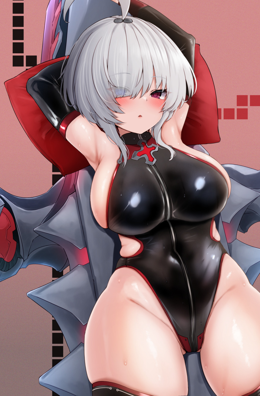 1girl, absurdres, arms_behind_head, asymmetrical_hair, azur_lane, bare_shoulders, black_one-piece_swimsuit, blue_eyes