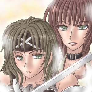 2girls, brown_hair, choker, gensou_suikoden, gensou_suikoden_ii, green_eyes, hanna_(suikoden), hazel_eyes