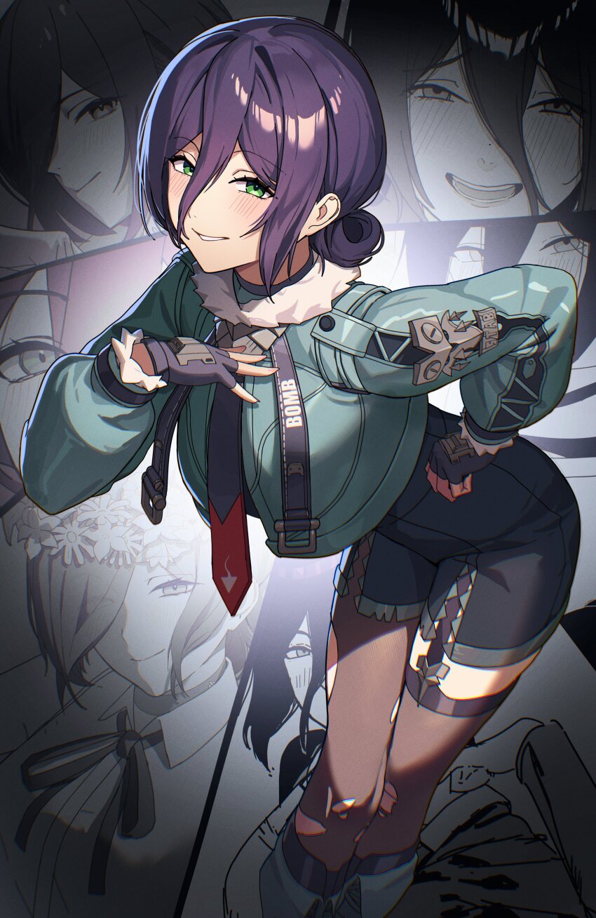 1girl, absurdres, ashamutoki, black_choker, black_gloves, black_shorts, black_thighhighs, blush, breasts, chainsaw_man, choker, commentary, cosplay, cropped_jacket, fingerless_gloves, gloves, green_eyes, green_jacket, hair_between_eyes, high-waist_shorts, highres, jacket, jane_doe_(zenless_zone_zero), jane_doe_(zenless_zone_zero)_(cosplay), large_breasts, leaning_forward, pantyhose, parted_lips, purple_hair, reze_(chainsaw_man), shorts, single_leg_pantyhose, solo, thighhighs, torn_clothes, torn_pantyhose, vignetting, zenless_zone_zero
