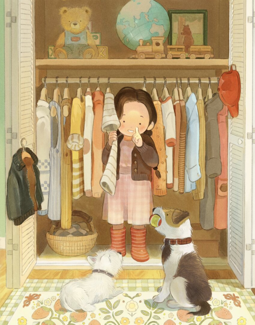 1girl, basket, child, clothes_hanger, finger_to_mouth, globe, highres, looking_at_viewer