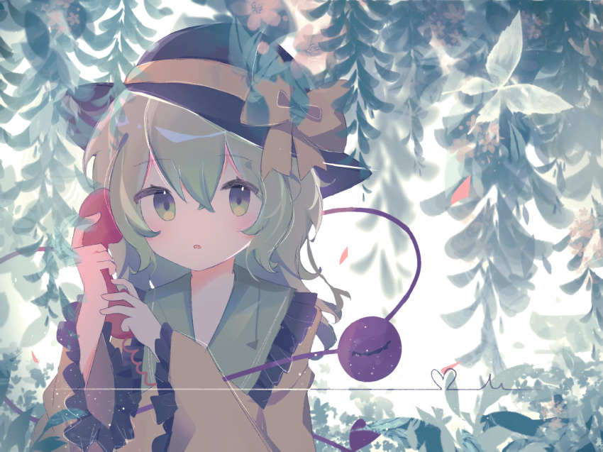 black_hat, dress, green_hair, hat, highres, holding, holding_phone, komeiji_koishi