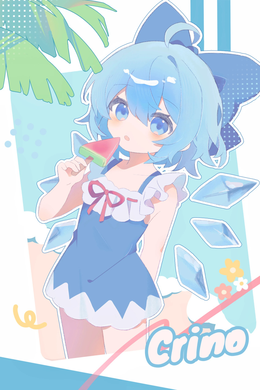 absurdres, blue_dress, blue_hair, bow, cirno, dress, food, highres, holding, holding_food, ice, ice_wings, misakiii, popsicle, red_bow, short_hair, simple_background, smile, solo, summer, swimsuit, touhou, wings